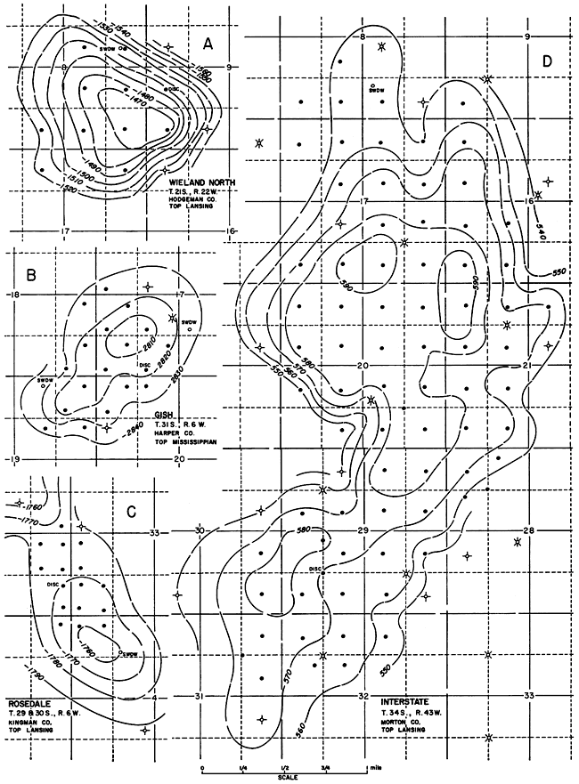 Four structural maps on oil fields.