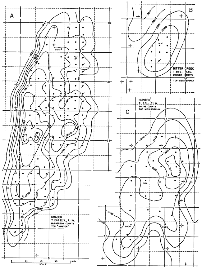 Three structural maps on oil fields.