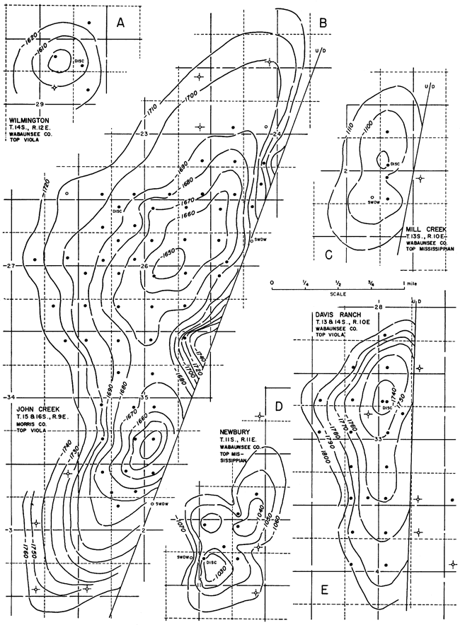 Five structural maps on oil fields.