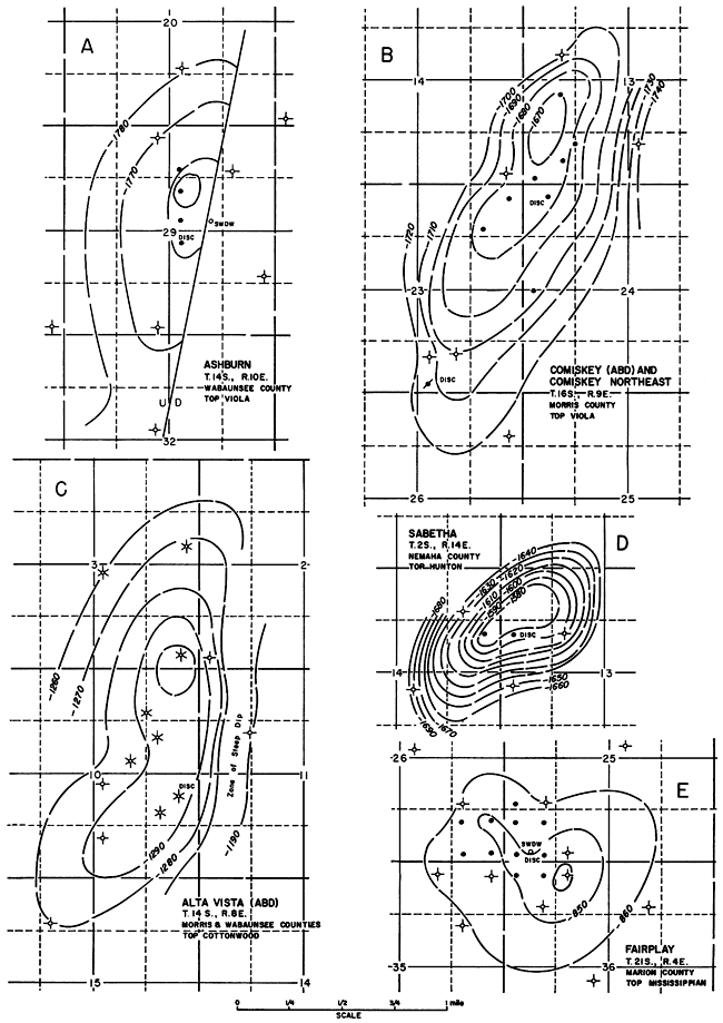 Five structural maps on oil fields.