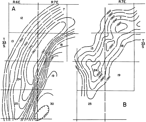 Dexter anticline showing structure on surface and Mississippian.