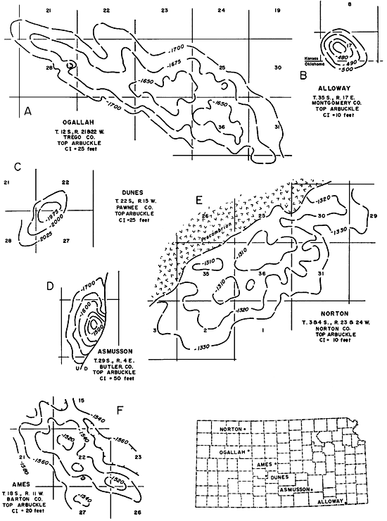 Six oil field maps showing structure, and Kansas map showing field location.