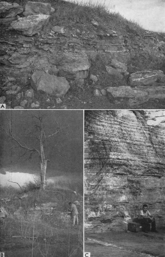 Three black and white photos showing examples of Stone Corral and Hutchinson Salt.