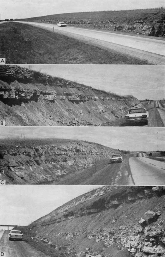 Four black and white photos of road cuts along Kansas Turnpike.