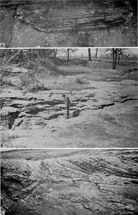 Three black and white photos of Ireland Sandstone outcrops.