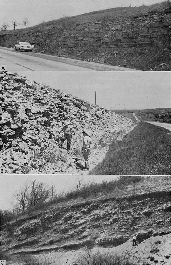 Three black and white photos of Plattsburg Limestone and Hickory Creek Shale outcrops.