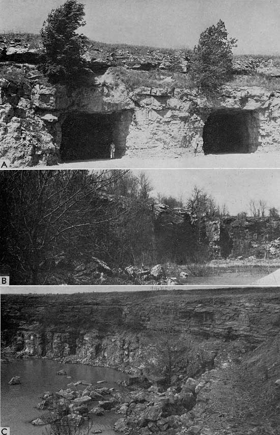 Three black and white photos of limestones in quarries.