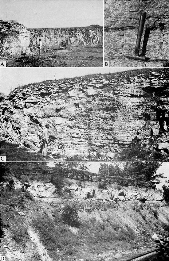 Two black and white photos of limestones in quarries, one closeup, and one of limestone in a railroad cut.