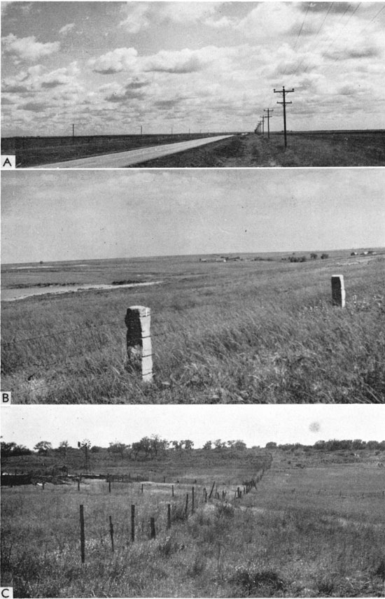 Three black and white photos; top has gravel road in very flat grasslands; second shows fenceposts made of limestone in rolling grasslands; third shows hilly grasslands with barb-wire fence and sparse trees in background.