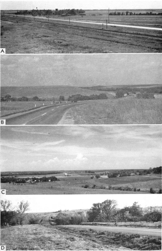 Four black and white photos showing flatlands of McPherson Lowlands, grasslands of Flint Hills, gentle hills of Kaw Valley, and hilly Osage Questas.