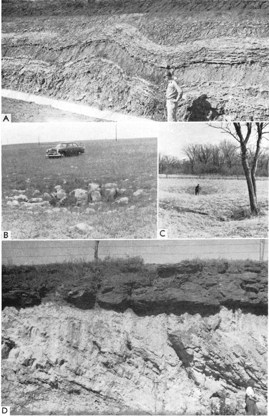 Four black and white photos; top three show slump/sinkhole structures (in outcrop and in fields; bottom has dark red, horizontal sandstone above very disturbed bedding.