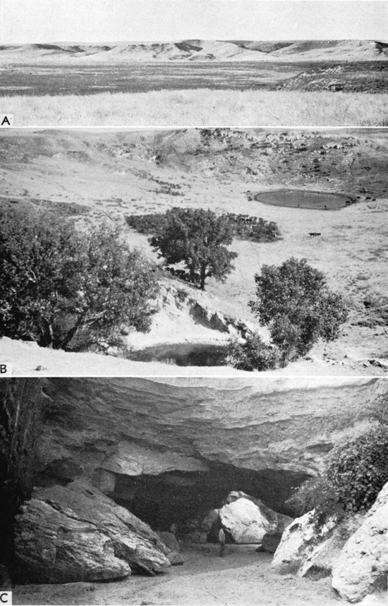 Three black and white photos; top two have views of subsidence features in landscape; bottom photo has view of natural tunnel.
