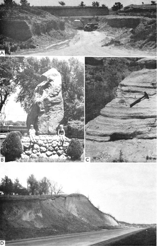 Four black and white photos; two are of ash bed in mine (one a closeup, rock hammer for scale); one photo is of children sitting on large boulder (glacial erratic) used as a monument; last photo is of roadcut of loess deposit.