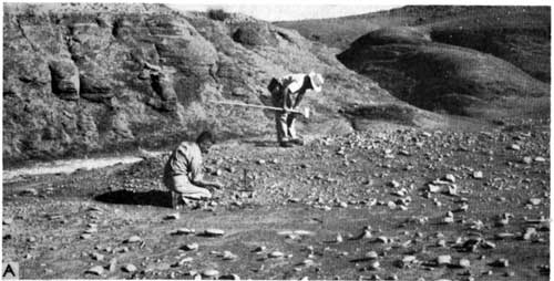 Black and white photo of two men in flat, rock-covered valley between low, rounded hills.