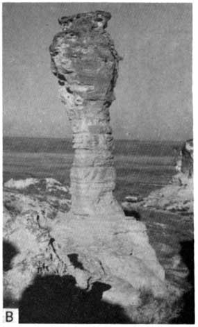 Black and white photo of Cobra Rock; single tall, thin remnant, somewhat thicker at top.