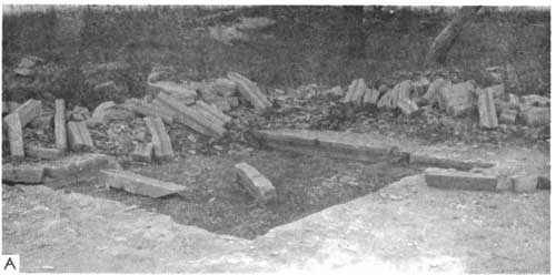 Black and white photo of fencepost quarry; lots of stone fenceposts scattered outside of hole in bed.