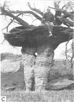 Black and white photo of pedestal; flat 2-foot-thick cap (10-12 feet in diameter) held up by remnant of softer beds.