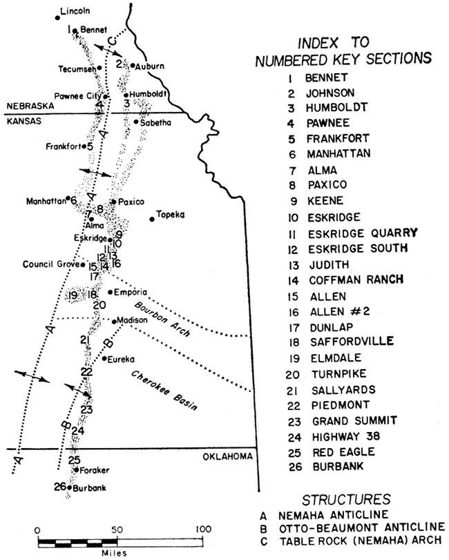 Outcrops from southeast Nebraska through eastern Kansas (Sabetha to Emporia and south) and into northeast Oklahoma (Burbank and Foraker)