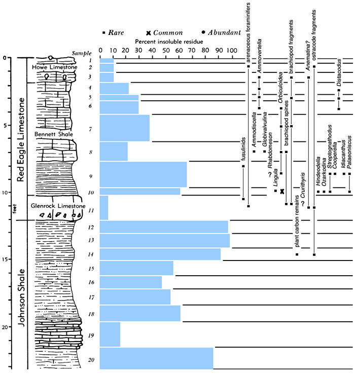 section, bar chart of residues, and fossil listing.