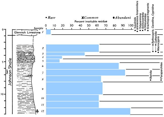 section, bar chart of residues, and fossil listing.
