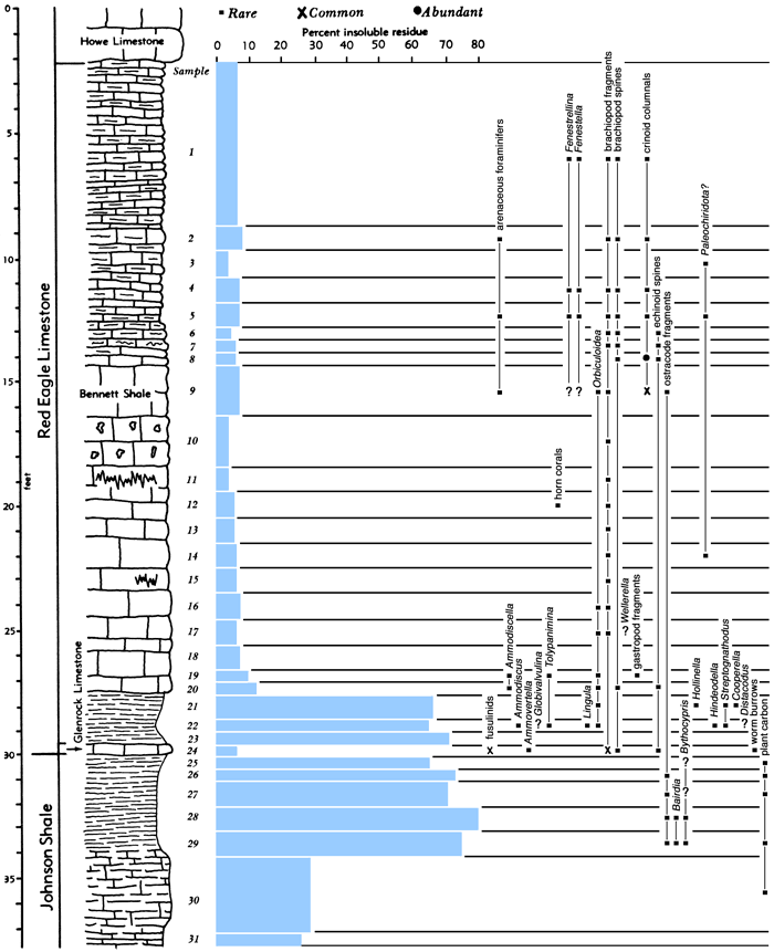 section, bar chart of residues, and fossil listing.