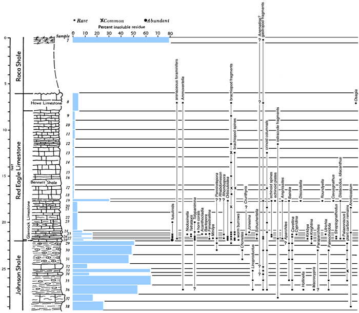 section, bar chart of residues, and fossil listing.