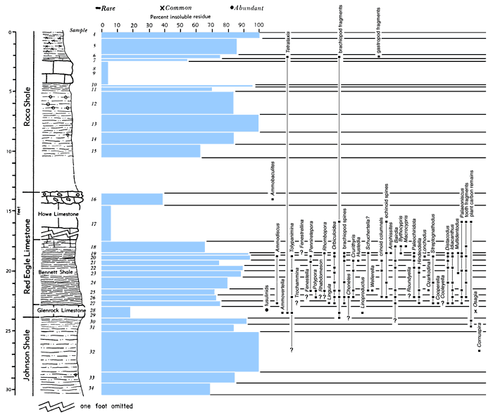 section, bar chart of residues, and fossil listing.