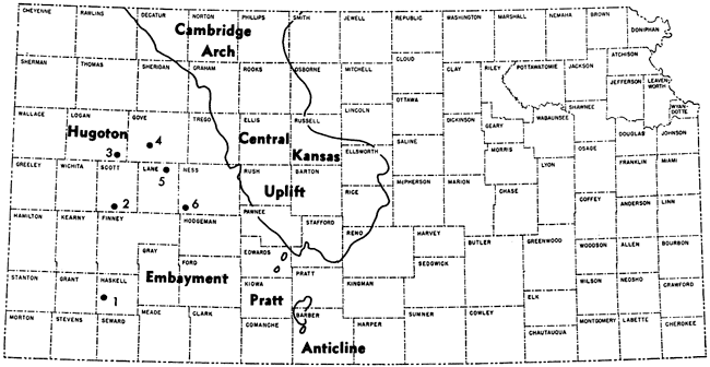 Wells located mostly in Hugoton Embayment (Gove, Logan, Scott, Lane, Ness, and Haskell counties).
