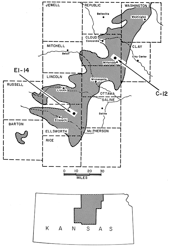 Index map of test-hole areas C-12 and EL-14 and outcrop of the Dakota Formation.