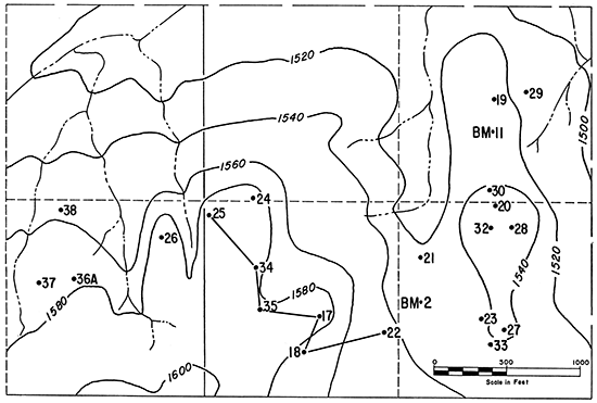 Test-hole pattern and topography at C-12 (Cloud County).
