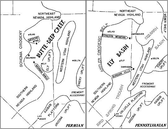 two maps showing Permian and Pennsylvanian settings