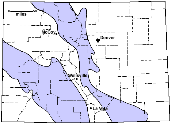 In Pennsylvanian tie, two upifts were shedding sediments, one across SW from modern Alamosa to Grand Junction; other is farther east from La Junta-Trinidad to Craig in NW