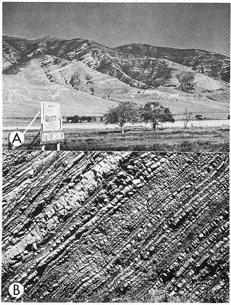 Two black and white photos. Top shows series of beds on side of large hill in Utah. Lower photo shows closeup of roadcut with many dipping intervals