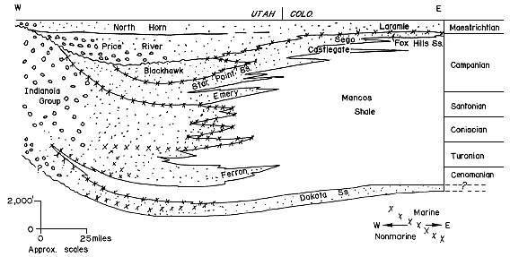 cross section from area across Utah and Colorado; Mancos Shale grades into Indianola Group