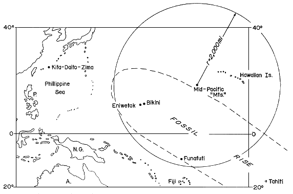 Fossil rise stretches from NW of Bikini and Eniwetok to SW and Tahiti