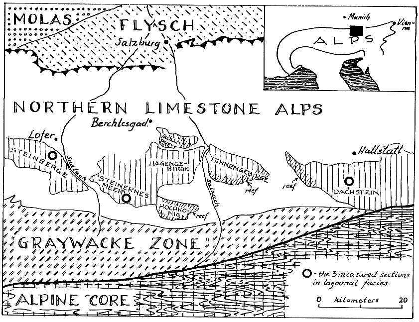 map of northern Alps; Flysch to north around Salzburg; Graywacke to south just north of Alpine Core