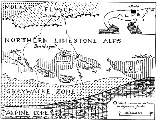 map of northern Alps; Flysch to north around Salzburg; Graywacke to south just north of Alpine Core