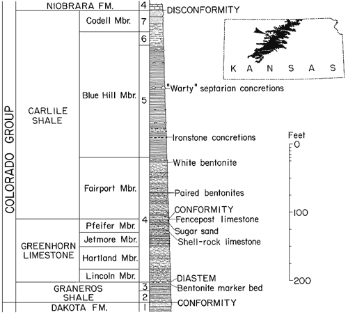 stratigraphic section of Greenhorn Cyclotheml index map shows outcrop in north-central and central Kansas