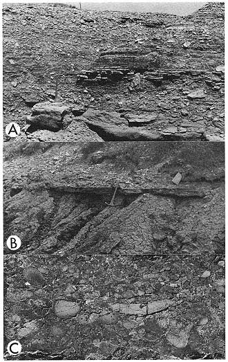 Three black and white photos. Top two show 5-7 feet of outcrop; lower is closeup