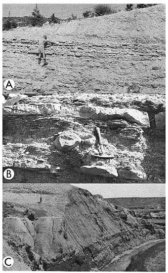 Three black and white photos. Top shows 3-4 feet of lensing layers in larger outcrop; middle shows 1 foot nodule in larger outcrop; bottom shows contact on hillside
