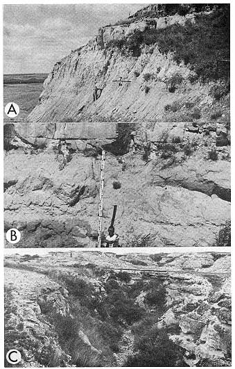 Three black and white photos. Top shows boundary between phases 6 and 7 on hillside; middle shows boundary between phases 7 and 4; bottom shows boundary between two members of phase 4