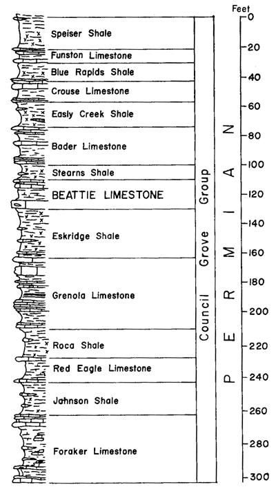 Beattie Limestone in middle of Council Grove Group, above Eskridge Shale and below Stearns Shale