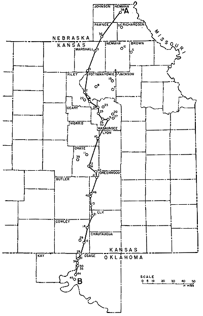 map of Kansas and parts of Oklahoma and Nebraska showing sample locations.