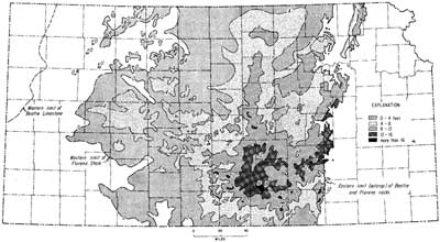 black and white map showing thickness of Florena Shale greatest in Sedgwick, Kingman, Butler; thins to north and west.