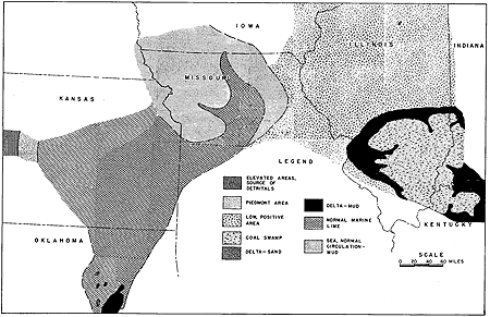 Normal marine lime in eastern Kansas and north-central Missouri; sea, normal circulation--mud in rest of northern Missouri; low, positive area in Illinois.