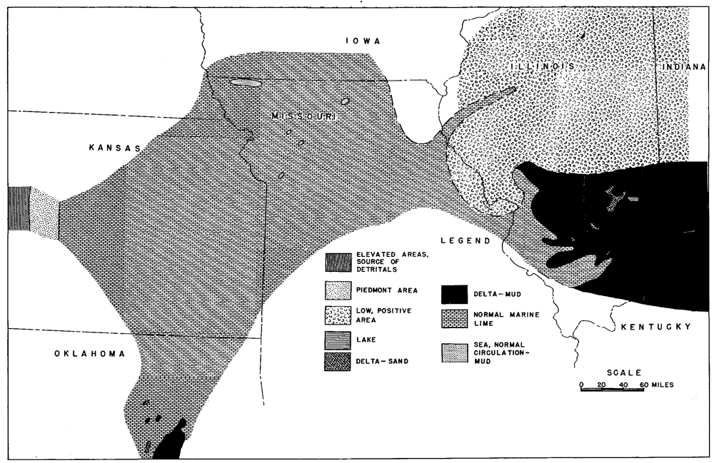 Normal marine lime in eastern Kansas and north-central Missouri; sea, normal circulation--mud in rest of northern Missouri; low, positive area in Illinois.
