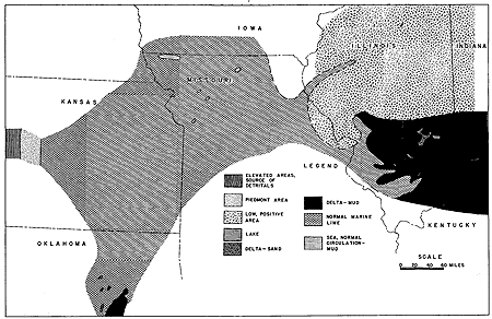 Normal marine lime in eastern Kansas and north-central Missouri; sea, normal circulation--mud in rest of northern Missouri; low, positive area in Illinois.