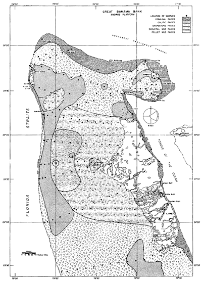 Facies map of Andros platform of Grand Bahama Bank. Center dominated by Skeletal and Pellet mud facies; Grapestone facies to north and south; Oolitic and Coralgal on outside