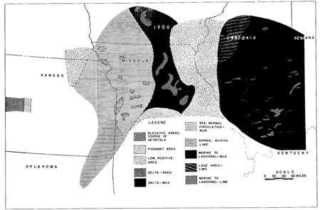 Delta mud in Kentucky, Indiana; low, positive area in eastern Missouri; marine to lagoonal--mud in central Missouri; sea, normal circulation--mud in western Missouri and eastern Kansas; normal marine lime in southeast Kansas.