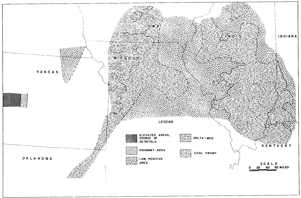 Coal swamp in Kentucky, Illinois, and east-central Missouri; low, positive area in Indiana, eastern Missouri, north-central Kansas; delta--mud in eastern Missouri.